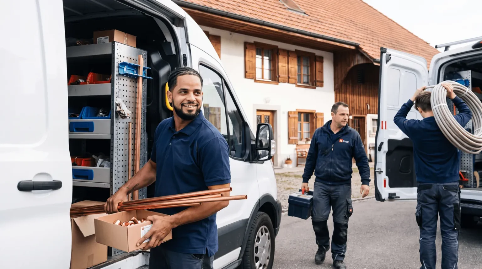 MH Gebäudetechnik Team beim Servicefahrzeug in Kölliken